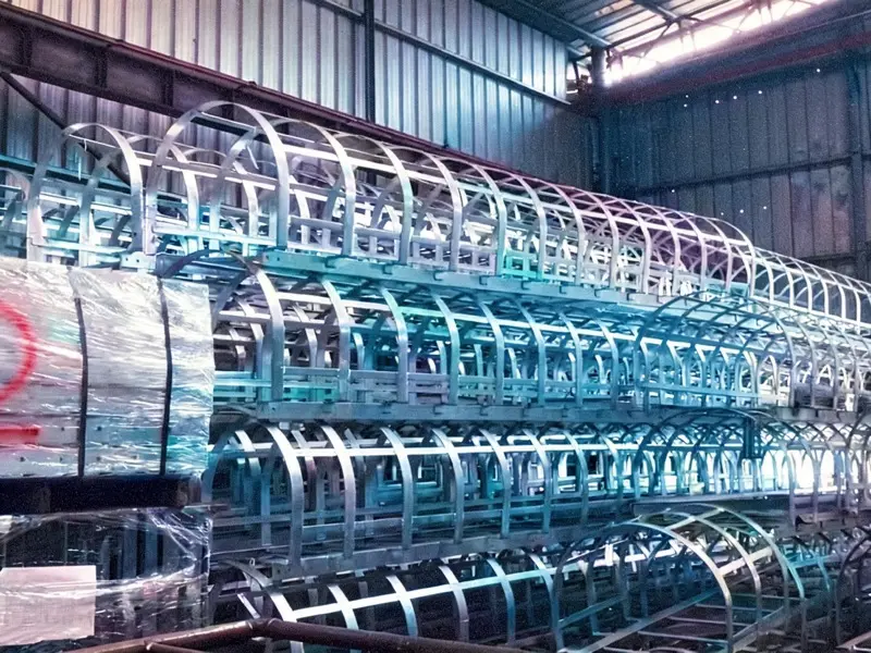 Caged ladder with landing platform in warehouse